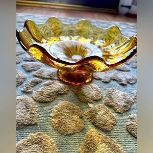 LE Smith glass. Amber glass ruffled rim pedestal‎ bowl no callouts.